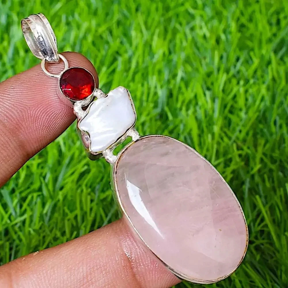 Sterling Silver Rose Quartz Necklace Charm Pendant Boho Gift For Mom